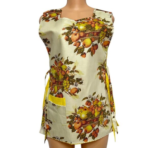 Women Yellow Orange Reversible Bib Apron Fruit Floral Pattern Vintage Autumn - Picture 5 of 14